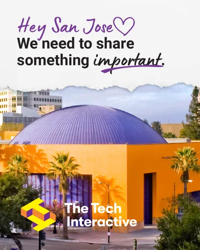 A mango-colored building with an azure-colored dome roof and title that reads Hey San Jose We Need to Share Something Important