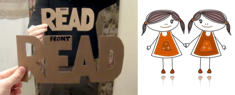 You can try this out for yourself! If you hold up a cardboard cutout of the word “READ” to a mirror, you’ll see that you can still read the cutout left to right in the reflection. If you write “FRONT” on the side of the cutout facing you and “BACK” on the side facing the mirror, you’ll see only the word “BACK” in the reflection. This tells us that the image of the cutout is flipped front to back, not left to right. Contrast this with the cartoon mirror twins in the right panel, whose traits are in fact flipped left to right: One twin is missing their left eye, and the other is missing their right. (Images via Wikimedia Commons and Shutterstock)